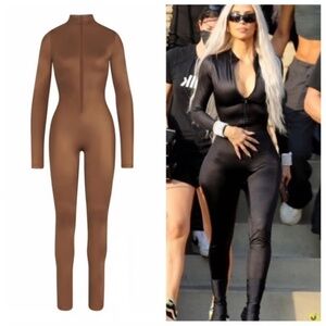 SKIMS ALL IN ONE SHINE CARAMEL MOCK NECK JUMPSUIT ONESIE - S
